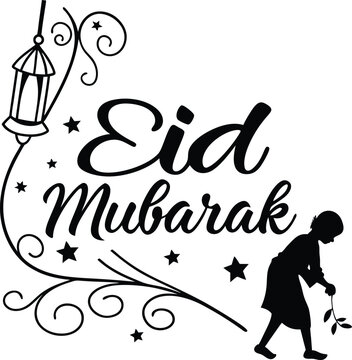 Eid Mubarak Silhouette Art Design with Mosque