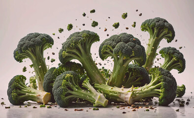 Poster - Bunch of broccoli is shown in a pile, with some of the pieces scattered around. Concept of abundance and freshness, as the broccoli is a healthy and nutritious food