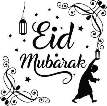 Eid Mubarak Silhouette Art Design with Mosque