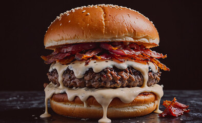 Poster - Large burger with bacon and cheese on top. The burger is covered in a creamy sauce. The burger is sitting on a countertop