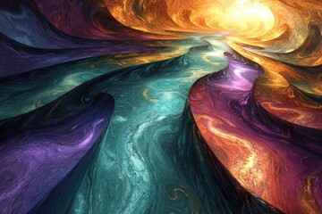 Poster - Abstract fractal art depicting a swirling, colorful landscape with vibrant hues and flowing textures.