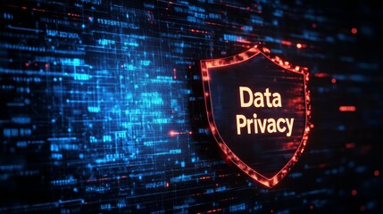 Poster - A visually striking shield featuring a 'Data Privacy' message, set against a dynamic digital backdrop, symbolizing online safety and data protection principles.