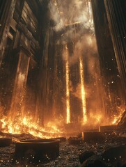 Aufkleber - Molten metal pours into casting molds while flames and sparks ignite an industrial atmosphere filled with power and intensity