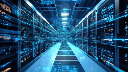 Poster - A futuristic data center with glowing blue lights and advanced digital interfaces, symbolizing AI, cloud computing, and cybersecurity. Ideal for tech, IT, and data security concepts