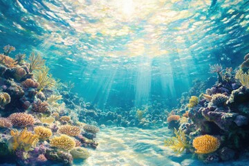 Aufkleber - Sunbeams illuminate a vibrant underwater coral reef scene teeming with colorful marine life.