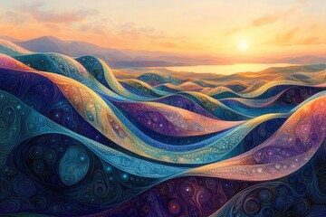 Aufkleber - Sunset over an abstract, swirling, colorful landscape of fractal hills and valleys.