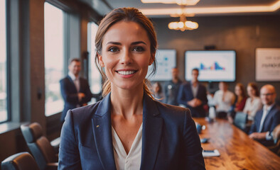 Poster - Woman in a business suit is smiling at the camera. She is surrounded by a group of people, some of whom are wearing suits and ties. The room is decorated with a large TV and a few chairs