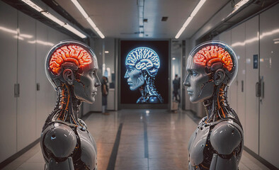 Aufkleber - Two robots with human heads and a brain on a wall. The robots are facing each other. The robots are made of metal and have a futuristic look