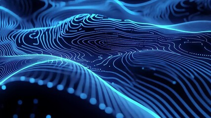 Leinwandbilder - Glowing blue lines create intricate patterns in a digital landscape at night, Abstract of glowing blue lines forming intricate patterns over dark background