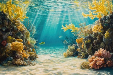 Aufkleber - Sunbeams illuminate a vibrant underwater coral reef scene, teeming with colorful corals and fish.