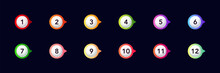 A set of twelve colorful number markers with unique shapes. each marker has a different vibrant hue.