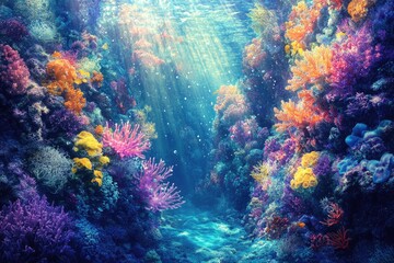 Poster - Vibrant coral reef teeming with life, sunlight illuminating colorful underwater scene.