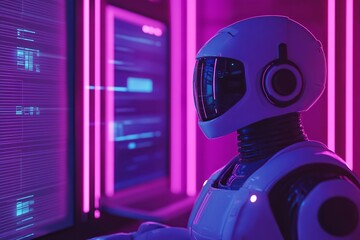 Poster - Futuristic Robot Neon Lights AI Digital Art Modern Technology Cyberspace Virtual Reality Advanced Robotics Artificial Intelligence Computer Code      