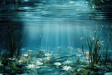 Aufkleber - Sunbeams illuminate an underwater scene with white water lilies and aquatic plants on a serene lake bed.