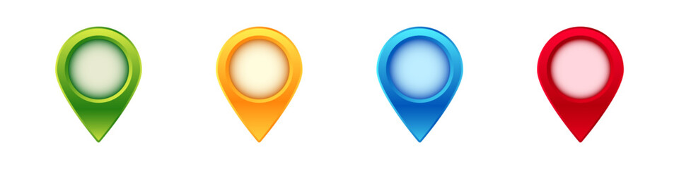 Poster - four colorful map pointers in blue, green, red, and orange for marking locations on maps.