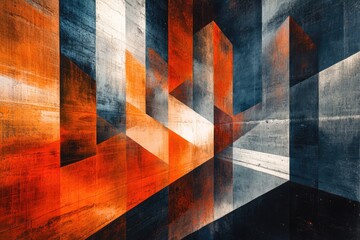 Aufkleber - Abstract geometric art with orange and grey concrete textures creating a mesmerizing 3D illusion.