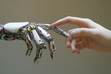 Poster - Human Hand Touching Advanced Robotic Hand Futuristic Technology Artificial Intelligence Innovation Digital Art Modern Design Science Fiction          