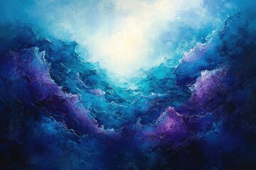 Poster - Abstract ocean painting depicting deep blues and purples, light illuminating from above, textured waves.