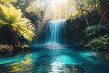 Poster - Serene waterfall cascading into a turquoise pool, surrounded by lush green ferns and trees in a sun-drenched jungle.