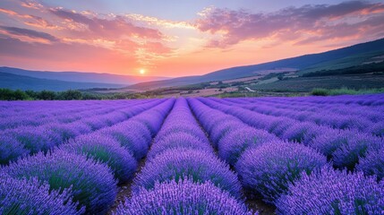 Aufkleber - Rows of blooming lavender create a stunning tapestry across the landscape, while a breathtaking sunset casts a warm glow over the fields in Provence, inviting serenity and wonder