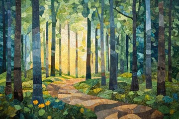 Poster - A sunlit path winds through a lush forest, trees standing tall and vibrant in a mosaic of colors.