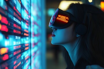 Poster - woman wearing futuristic vr headset neon lights digital art cyberpunk style technology future virtua