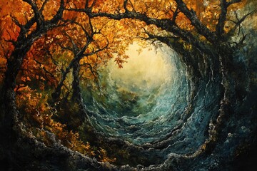 Poster - Autumnal trees form a swirling vortex revealing a mystical, ethereal landscape beyond.