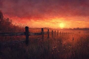 Aufkleber - Serene sunset over a field, wooden fence leading towards the sun's warm glow.