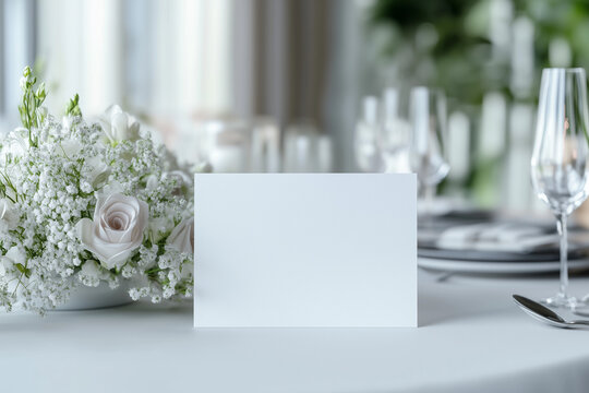 Mockup white blank space card, for greeting, table number, wedding invitation template on wedding table setting background. with clipping path. 3D rendering.