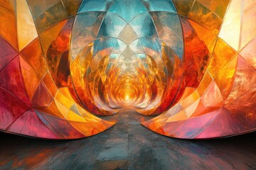 Poster - Abstract artwork depicting a colorful, geometric tunnel with warm, fiery hues and a sense of depth.