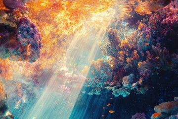 Poster - Vibrant coral reef thriving underwater, bathed in sunlight, showcasing diverse marine life and colorful formations.