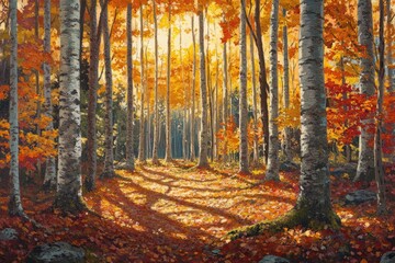 Poster - Sunlit autumn forest path with vibrant foliage and tall birch trees casting long shadows.
