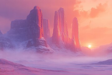 Aufkleber - A breathtaking sunset casts a pink glow over snow-covered mountains, creating a surreal, dreamy landscape.