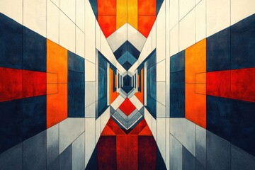 Leinwandbilder - Abstract geometric art depicting a symmetrical, colorful corridor with orange, red, blue, and grey blocks creating a sense of depth and perspective.
