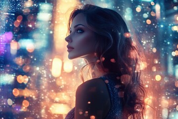 Poster - A woman with long brown hair gazes pensively at a glittering city night scene.