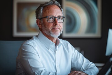 Poster - A contemplative middle-aged man in a white shirt sits thoughtfully in his office.