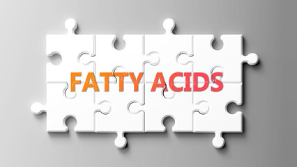Poster - Fatty Acids complex like a puzzle - pictured as word fatty acids on a puzzle pieces to show that fatty acids is complex and needs cooperating pieces that fit together. ,3d illustration
