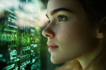 Poster - Young woman gazing intently at a futuristic screen displaying green data visualizations of plant growth.