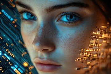 Poster - A close-up of a woman's face merging with a circuit board, symbolizing technology and humanity's connection.