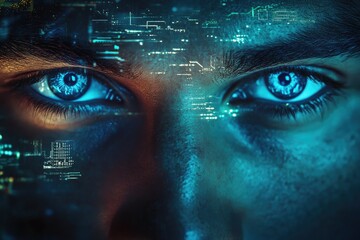 Poster - A close-up of a person's eyes, overlaid with a futuristic digital circuit pattern, symbolizing the merging of humanity and technology.