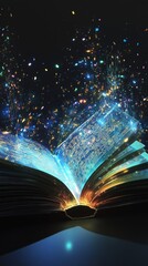 Poster - An enchanting open book radiates a shimmering glow, surrounded by sparkling magic dust. This mesmerizing imagery invites imagination and creativity, blending fantasy with wonder.
