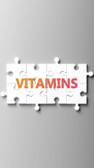 Poster - Vitamins complex like a puzzle - pictured as word vitamins on a puzzle pieces to show that vitamins is complex and needs cooperating pieces that fit together. ,3d illustration