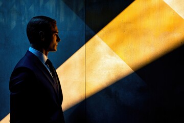 Poster - A man in a suit stands silhouetted against a yellow and blue geometric wall, bathed in light.