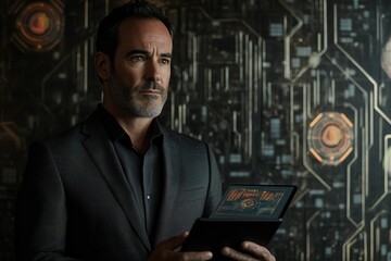 Poster - A man in a suit holds a tablet displaying data against a futuristic technological backdrop.