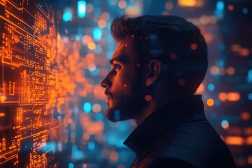 Aufkleber - A man contemplates a futuristic digital interface, glowing with orange and blue hues, symbolizing technological advancement and human interaction.