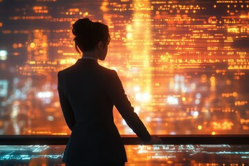 Aufkleber - A woman in business attire contemplates a futuristic cityscape displayed on a large screen, filled with dynamic data streams and vibrant lights.