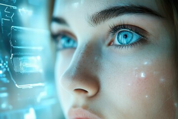 Poster - Close-up of a young woman's face, gazing at futuristic digital interface.