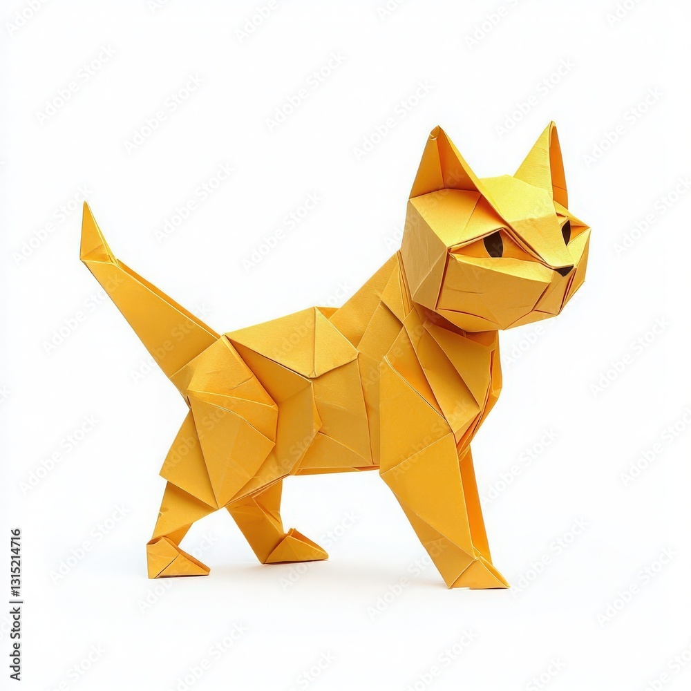 A striking origami cat stands in a playful pose, crafted from bright yellow paper. The precise folds create a dynamic shape, showcasing the art of origami and feline elegance.