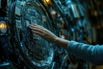 Leinwandbilder - A hand gently touches a complex, circular circuit board, showcasing intricate technological detail.