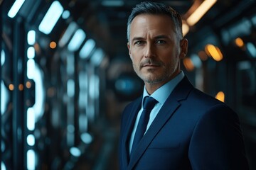 Poster - Confident businessman in a navy blue suit stands in a modern, technology-focused setting.